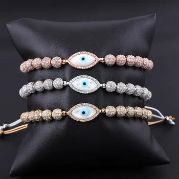 High Quality New Design Fashion CZ Pave Ball Shell Eye Charm Stainless Steel Beads Luxury Bracelet Men Women