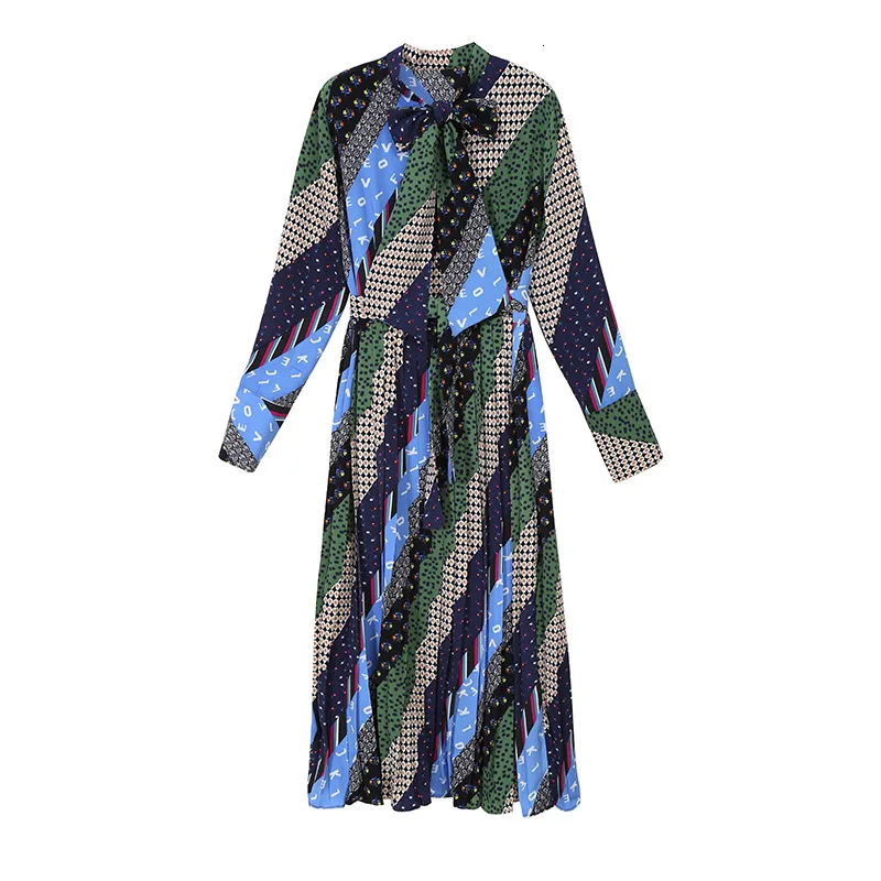 [EAM] женское длинное платье в горошек с принтом, новинка, воротник-стойка, длинный рукав, свободный крой, мода, весна-осень, 19A-a853 - Цвет: blue