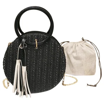 

Women Handmade Round Beach Shoulder Bag Circle Straw Bags Summer Woven Rattan Handbags Women Messenger Bags(Black)
