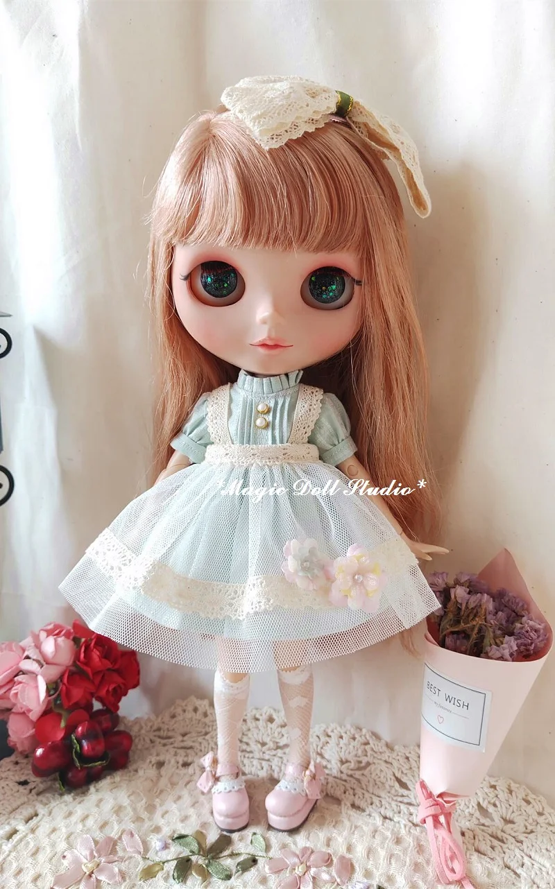 [MG707] горячая Распродажа neoblythe кукла платье# Хлопковое платье, Маскировочная сеть и набор бантиков для волос для neoblythe Кукла Одежда для розничной торговли