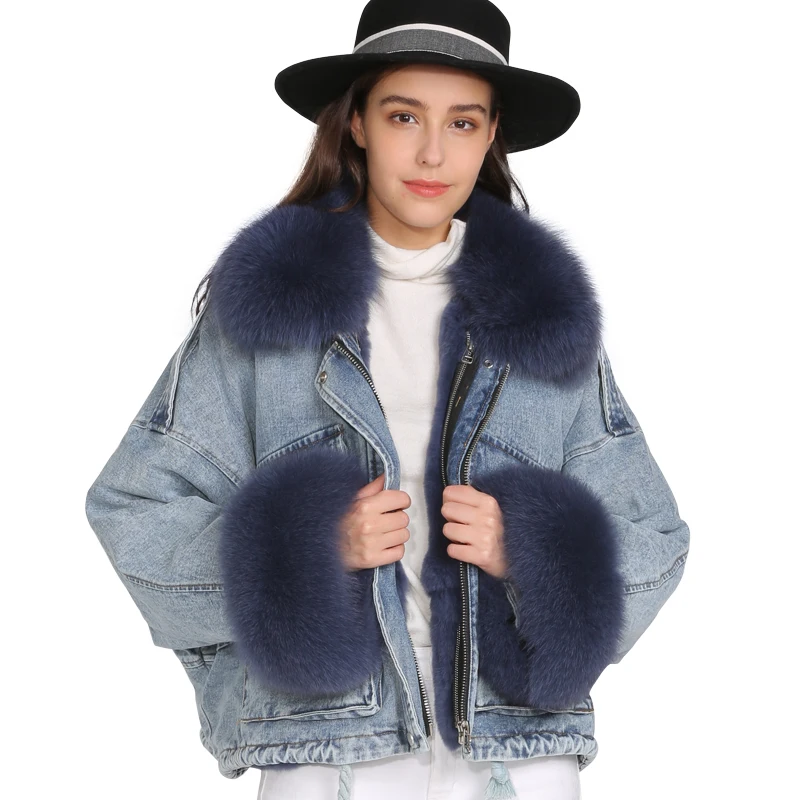 

Women Winter Short Jacket Real Fur Coat Parka Natural Fox Collar Rex Rabbit Fur Lining Streetwear Thick Warm Denim Jacket