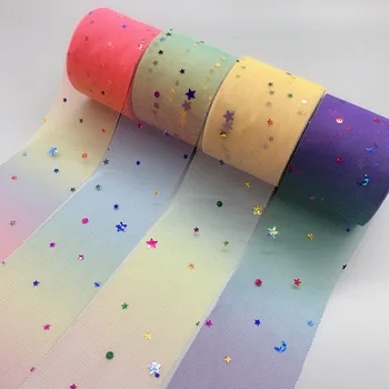 

25Yards 6cm Gradual Shine Rainbow Heart Star DIY HandmadeAccessories Ribbon Grosgrain Printed Fold Over Elastic Tulle roll 2"