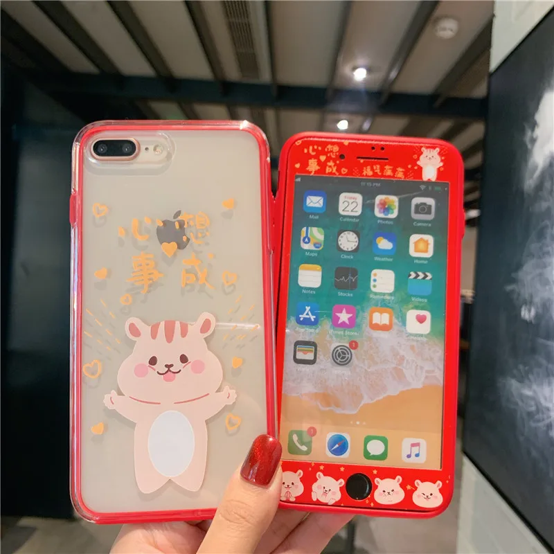 case and flim Для iPhone 11 pro Max чехол для телефона с мультяшным медведем+ пленка для экрана из закаленного стекла для iPhone X XS Max XR 7 8 6s Plus прозрачный чехол - Цвет: case and flim