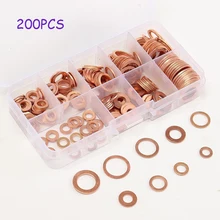 

200Pcs Solid Copper Washer M5-M14 Flat Ring Sump Plug Oil Seal Assorted Set Box Fastener Hardware Accessories Multi-Size