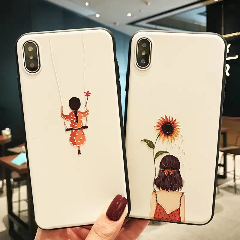 

Cute Girls Flower Phone Case For iphone 7 6s 8 6 Plus 7plus Case Cover For Apple iphone XR X XS Max 5 5s se Case Silicone Black