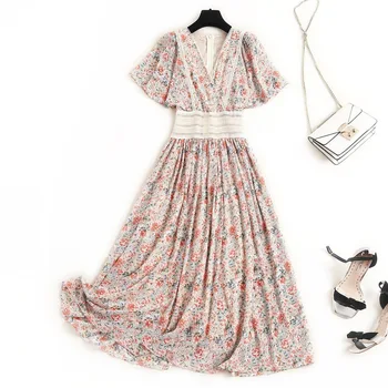 

Fashion Floral Chiffon Printed Dress 2020 V-neck Thin High-Waisted A- Line Dress Butterfly Sleeve V-Neck Empire Vintage