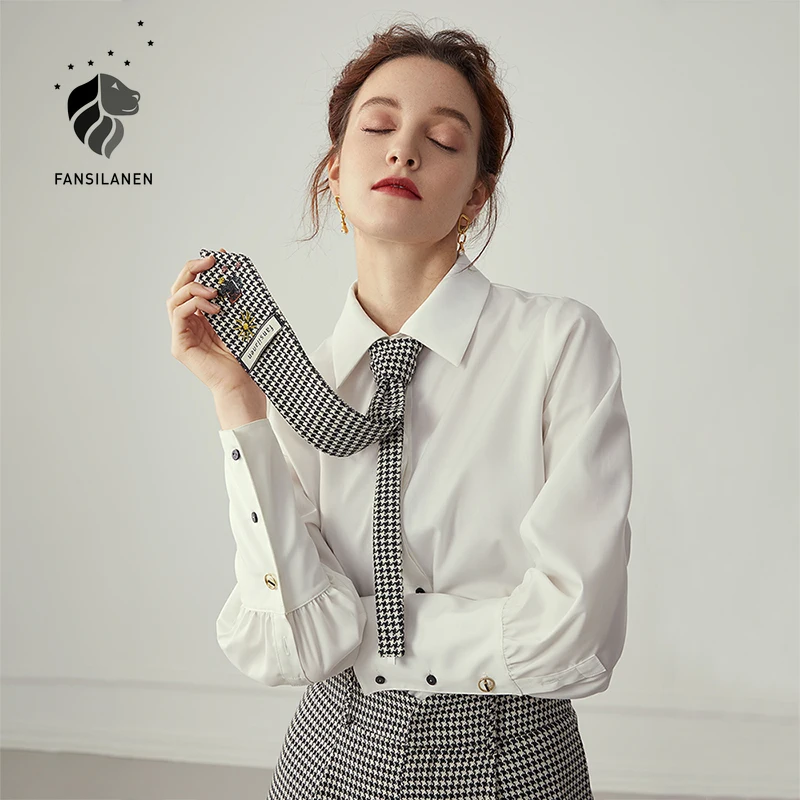 

FANSILANEN Tie casual white blouse shirt Women long sleeve spring autumn black plaid shirt Female office elegant streetwear top