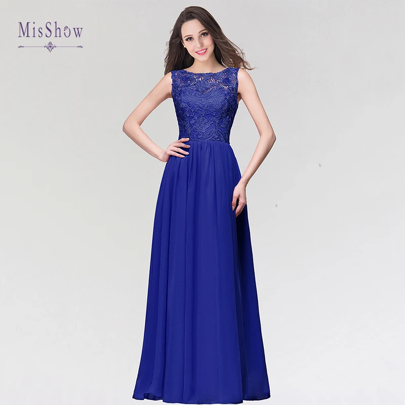 Royal Blue In Stock New Elegant Long Evening Dresses Dresses Lace O neck Vestidos de fiesta Formal Party Gown - Цвет: Royal Blue