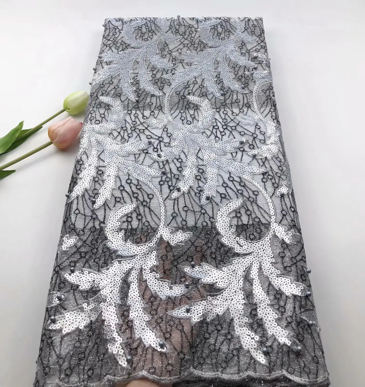 Белый blue french lace fabric high quality lace material beaded lace fabric tissu dentelle glitter sequins fabric 5yard/lot - Цвет: Белый