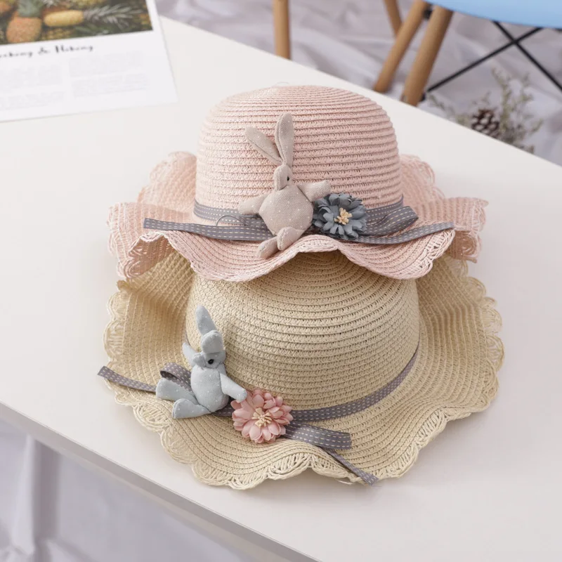 

Lovely Pink Rabbit Sun Hats Vintage Flower Girls Summer Weave Crochet Baby Beach Hats Large Wide Brim Straw Floppy Bucket Cap H6