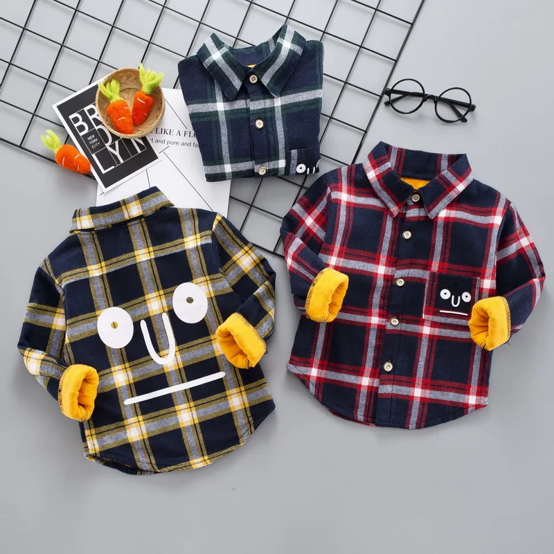 Boys' Shirt Top Velvet Thickened Plaid Shirt Fall/Winter