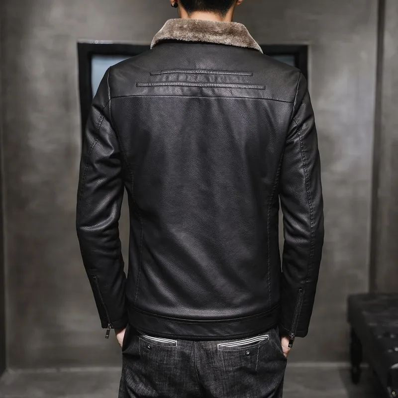 New Thick Leather Jacket Mens Winter Autumn Men's Jacket Fashion Faux Fur Collar Windproof Warm Coat Male Brand Clothing MY156