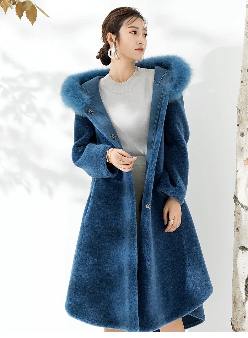 Натуральное меховое пальто женская зимняя куртка воротник из лисьего меха с капюшоном размера плюс длинные шерстяные меховые пальто и куртки Abrigo Mujer F8512 KJ3770