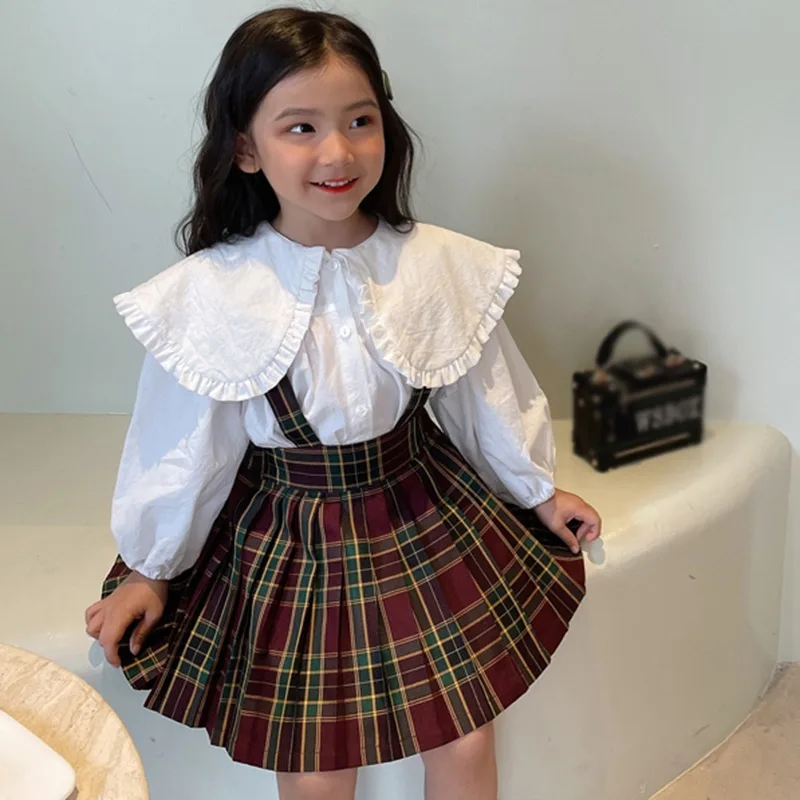 Autumn Girls Blouse Doll Collar Turn-down Shirt Fashion Children Tees Cotton Tops Long Sleeve Kid Clothing +plaid Overall skirt