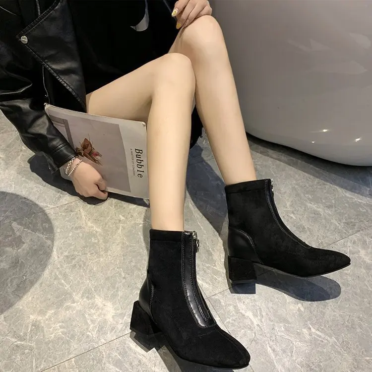 Женские ботинки средней высоты на квадратном каблуке; Zapatos de mujer; модные однотонные Ботинки martin из флока; повседневные женские ботинки «Челси»; короткие плюшевые ботинки