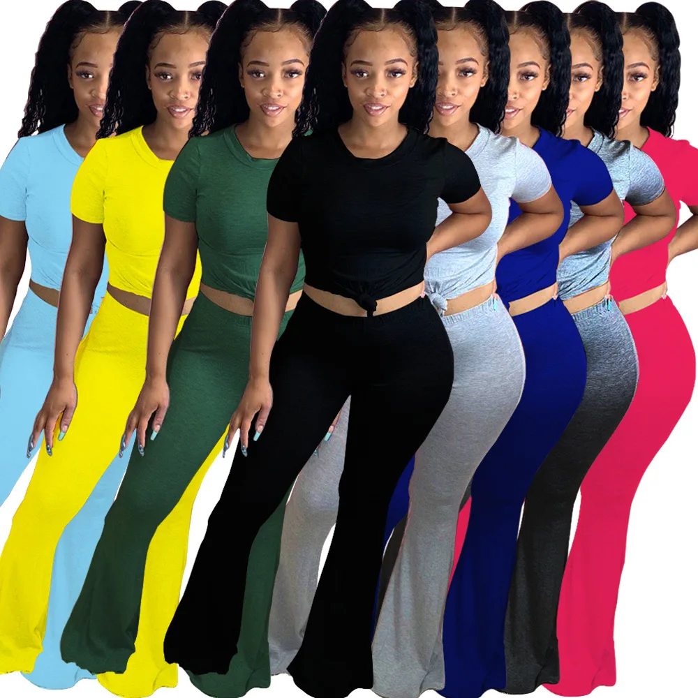 

Women Sporty Tracksuit Solid Color Short Sleeve Bandage Crop Top Wide Leg Flare Skinny Jogger Pant Lounge Wear Outfit Streetwear