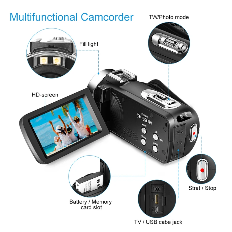  KOMERY Video Camera 3000W Pixel 16X Digital Zoom 3.0 Inch Touch Screen Support WIFI With Wide-angle