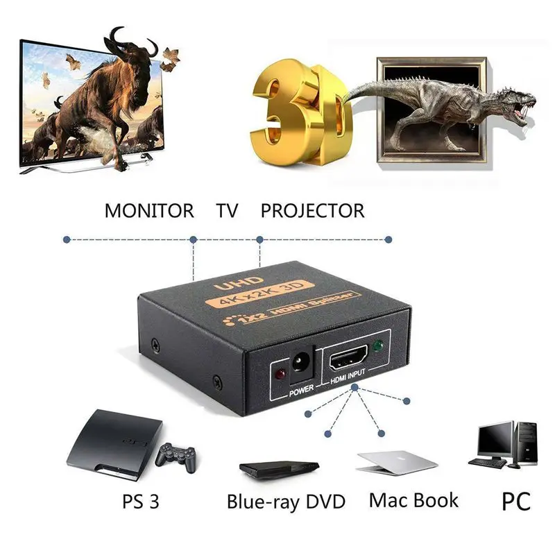 AMS-NEW 1x2 HDMI сплиттер v1.4b вид 4K 3D 1080p один вход на два выхода Топ США штекер