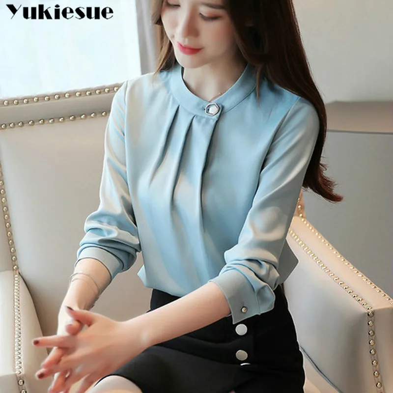 Tops y blusas para mujer, blusa de oficina con cuello levantado, Blusa de gasa, camisa de manga larga para mujer