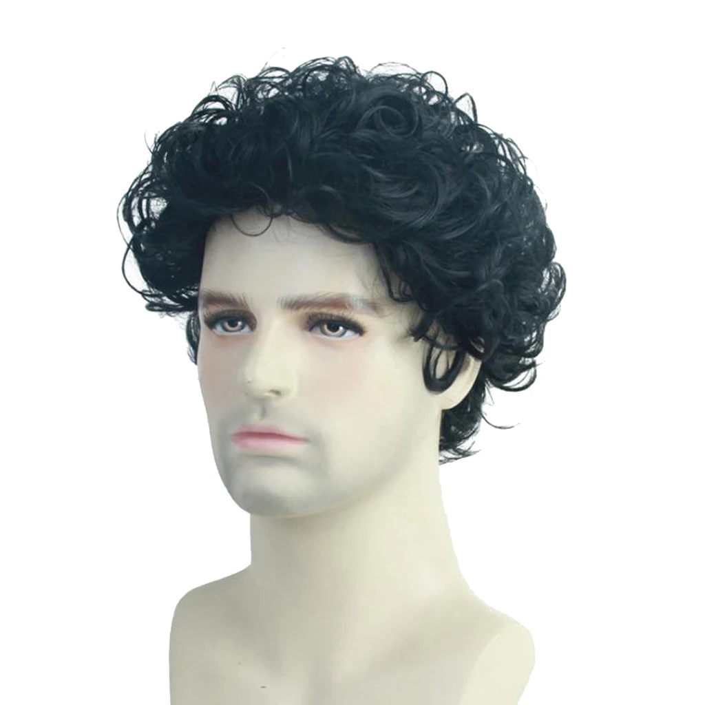 Fashion Black Natural Short Curly Wigs Wavy Hairstyle Synthetic Fiber Hair Wigs 10 inch for Men, Heat Resistant 