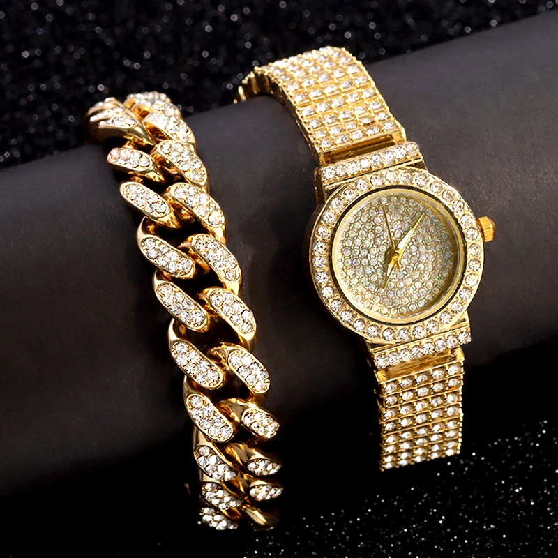Iced Out Rose Gold Silver Color Watch Women's Luxury Rhinestone Cuban Chain Bracelet Watches Fashion Wrist Watch Hip Hop Jewelry