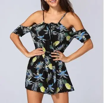 

La Nice Spaghetti Strap Off The Shoulder Playsuit Floral Printed Short Sleeve Rompers Womens Jumpsuit Beach Loose Overalls