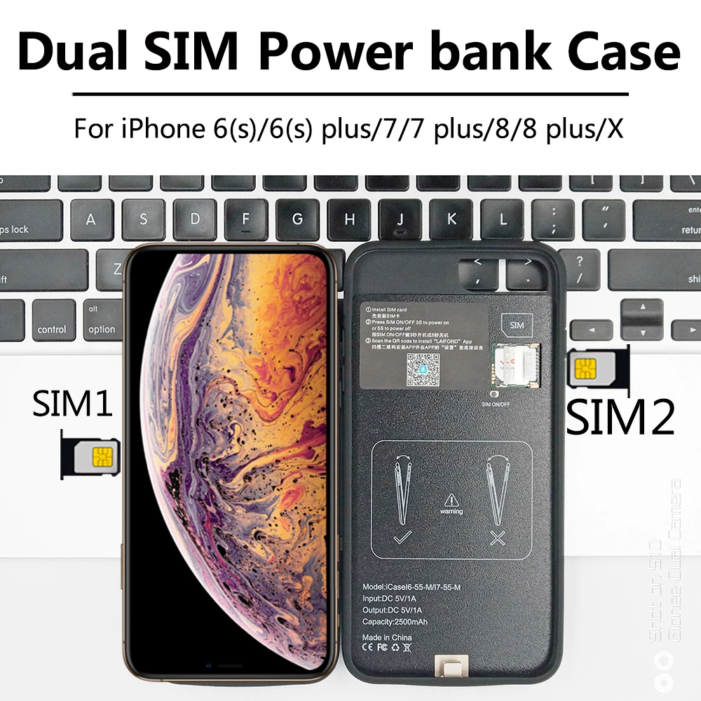 

Dual SIM Dual Standby Adaper For iPhone 6/7/8 plus/X New Ultrathin Bluetooth Long Standby 7days with 1500/2500 mAh Power Bank