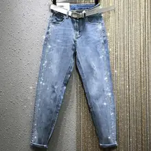 Женские джинсовые штаны, весна, новинка, высокая талия, Свободные Стразы, повседневные штаны-шаровары размера плюс 26-31