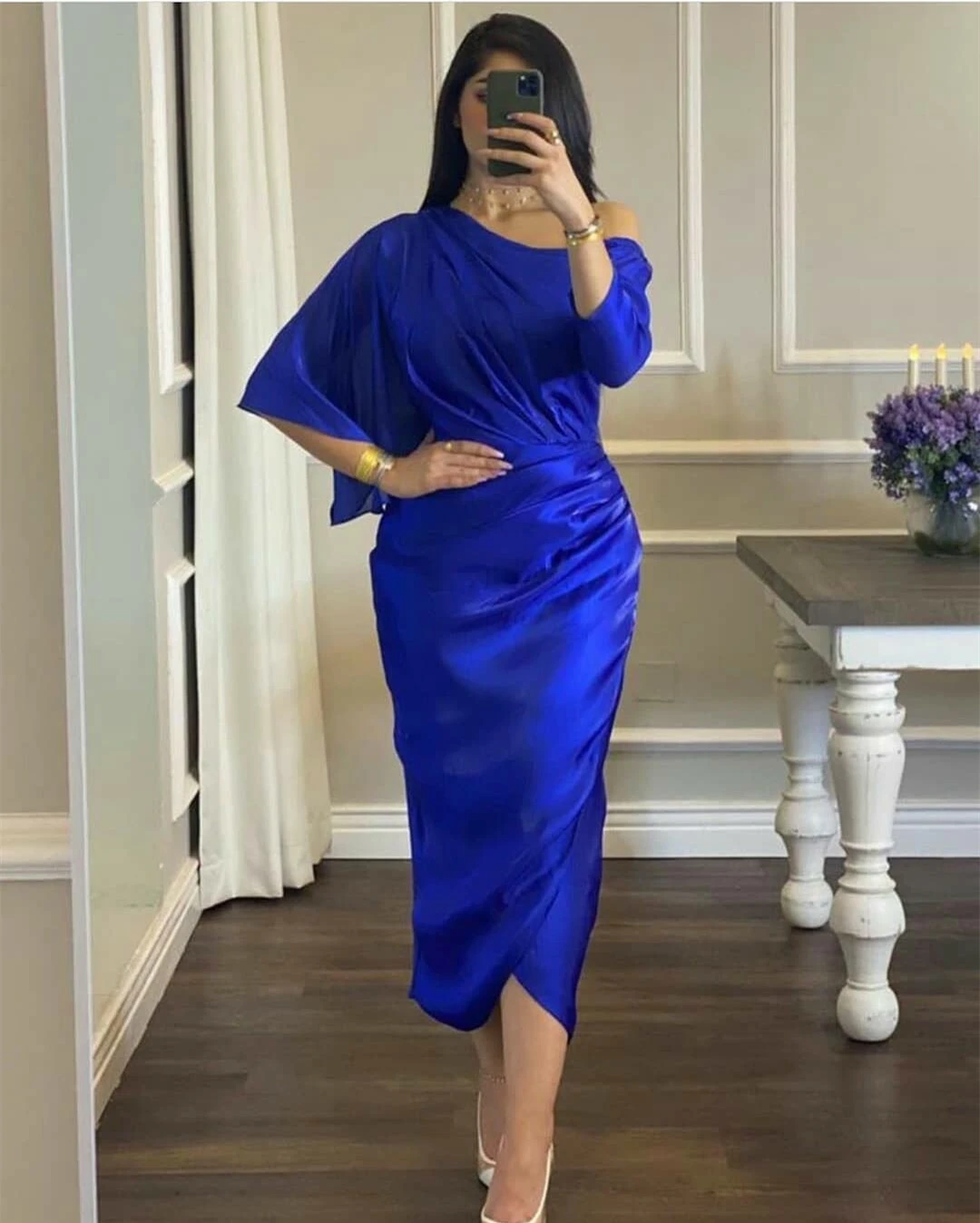 evening wear Short Royal Blue Muslim Evening Dresses One Shoulder Pleated Zipper Back Tea Length Robe De Mariée Party Gowns For Women party gown for women