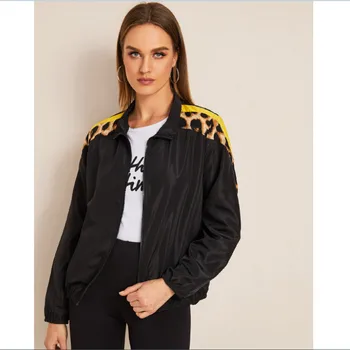 

2019 Hot Sale Autumn Womens Jacket Coat Fashion Leopard Print Stitching Tops Zipper Punk Slim Warm Loose Coat Jacket Tops Coat