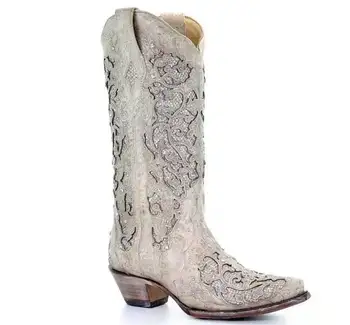 

Women Mid-Calf Boots Spring Low Heel Women Boots Embroidered Cool British Crystal Design Soft Short Boots Party Knee High Boots