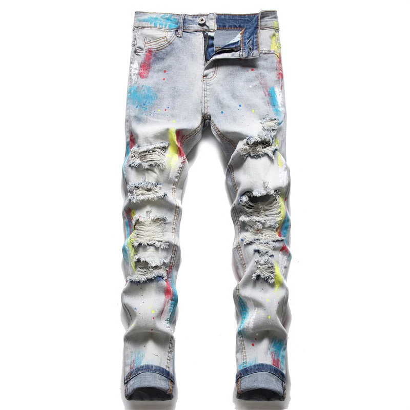 Splash-ink Brush Paint Jeans Rainbow Ripped Trim Soft Cotton Stretch Season Light Blue Cat Whisker Label High Street Fashion New