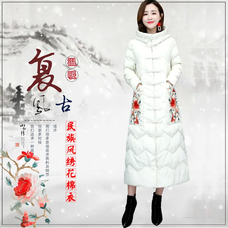 

2019 Winter New Style Chinese-style Ethnic-Style Embroidered Mid-length down Jacket Cotton-padded Clothes over-the-Knee Large Si