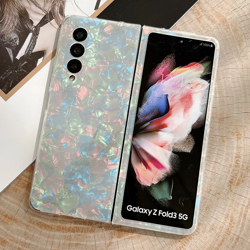 

Colorful Glitter Dreamy Conch Shell Pattern Phone Case For Samsung Galaxy Z Fold 5 4 3 5G Glossy Marble Silicone IMD Soft Cover