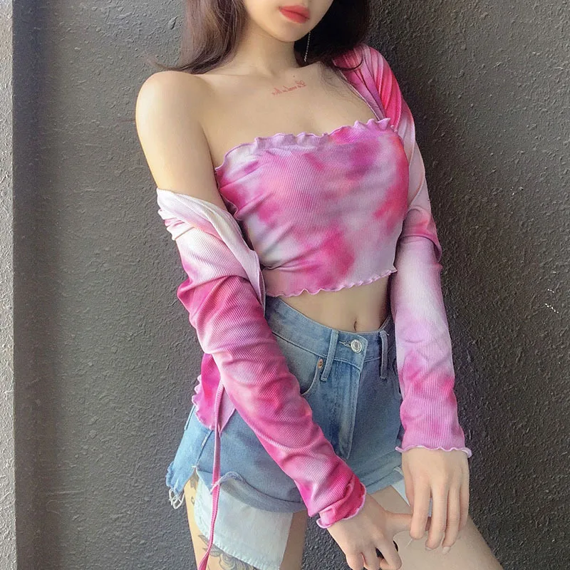 

Tie dyed two piece top Bra cardigan lace up woman tshirts personalized long sleeve tops women 2020 New Arrivals t shirt