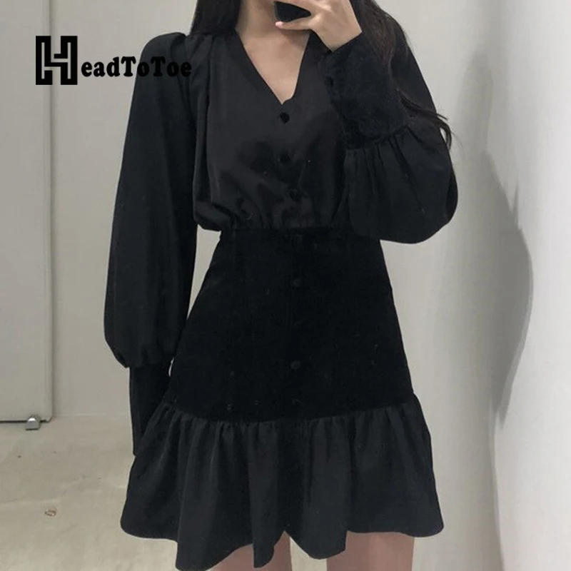 Velvet Patchwork Slim Waist Ruffles Mini Dress Women Long Sleeve V Neck Black Casual Short Streetwear | Женская одежда