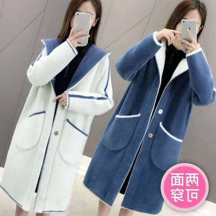 

Imitation Mink Cashmere Coat Women Cardigan Knit 2019 Autumn Thick Loose Sweater Coat Hooded Double sided Casual Sweater
