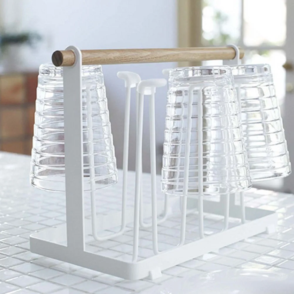 Dustproof With 6 Hook Hanging Cup Holder Storage Coffee Cups Stand Organizer Wood Drain Mug Rack Metal Storage Rack Drain Hanger
