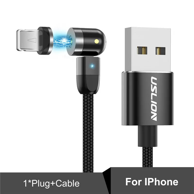 USLION, новинка, магнитный кабель с поворотом на 540 градусов, кабель Micro usb type C, магнитный кабель для зарядки iPhone 11 Pro, максимальная линия передачи данных - Цвет: Black For iPhone