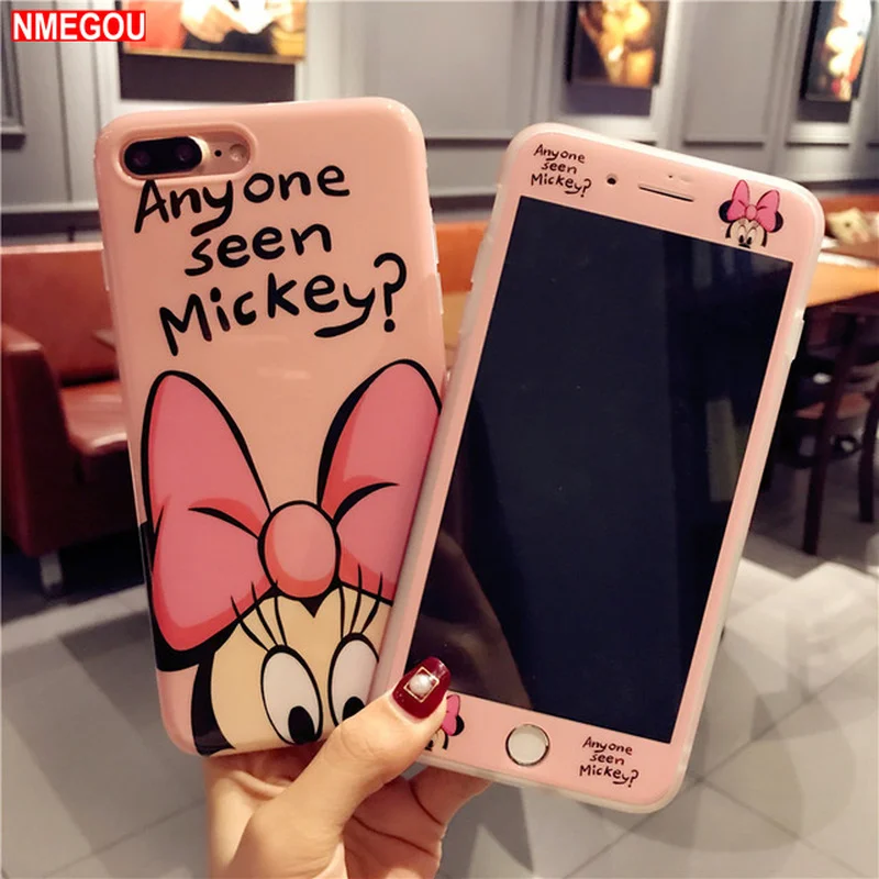 

360 Full Cover Minnie Mouse Phone Case + Glass for IPhone X XS Max XR 8 7 6 6S Plus 8plus 7plus Cartoon Girl Coque Accessories