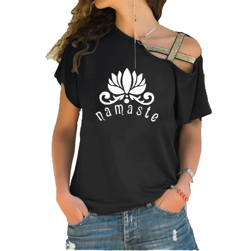 

Fashion NAMASTE Lotus Flower Print Women Tshirt Short Sleeve Casual Funny Tee Shirt Irregular Skew Cross Bandage Tshirt