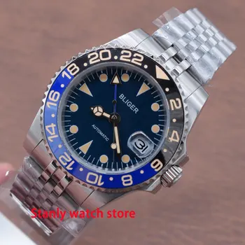

Luxury brand Bliger 40mm blue dial yellow marks blue black ceramic bezel sapphire GMT function automatic movement men's watch