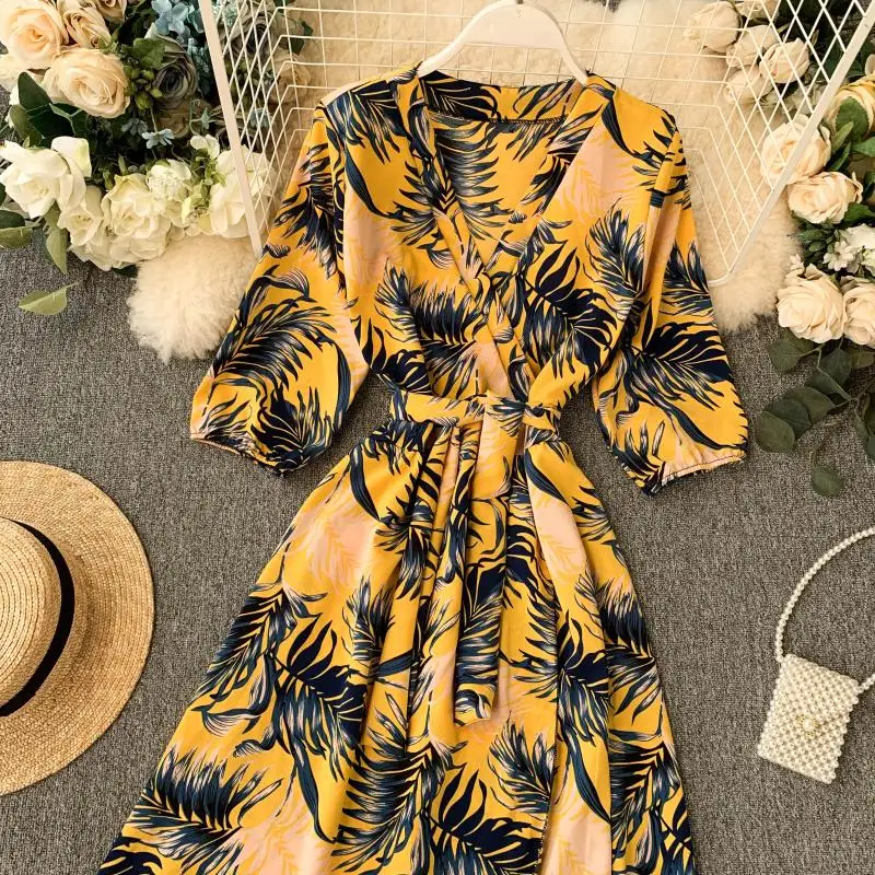Новинка; сезон весна-осень; винтажные шифоновые платья с v-образным вырезом и рукавами-пузырьками с завышенной талией и поясом; женские модные уличные платья;