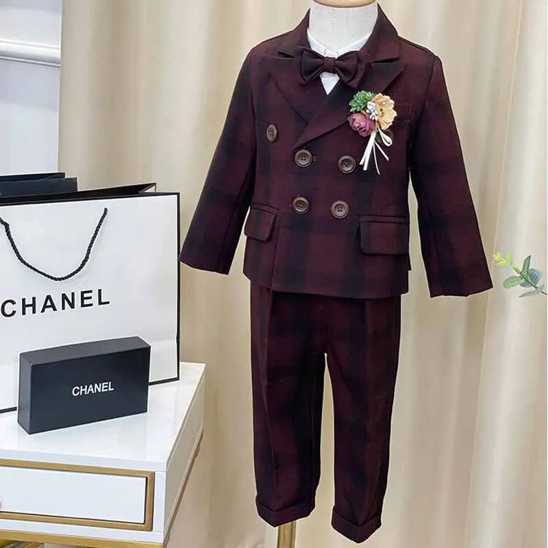 Costume de Spectacle de Mariage à Rayures pour Enfant, Blazer avec Pantalon en Glaçage, Tenue de Printemps et d'Automne, 3 Pièces