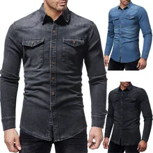 Mens Denim Shirt Casual Long Sleeve Shirt For Male Slim Fit Cotton Jeans Pockets Outerwear Plus Size Black