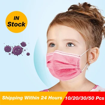 

50 Pcs Pink mask for Child 3-12 Years old girl student Face mask with 3 Layers protection anti air pollution Kids earloop mask