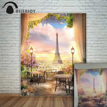 

Allenjoy romantic backdrop beautiful view flowers Eiffel Tower from the balcony cafe street lamp a photo decorations for home