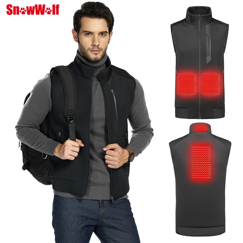 SNOWWOLF Men Winter Outdoor USB Infrared Heating Vest Jacket Electric Thermal Waistcoat Clothing hunting fishing vest - Цвет: Black