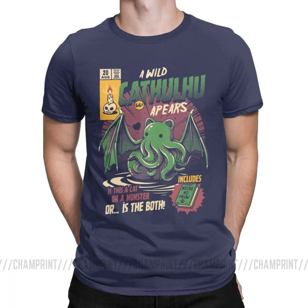 A Wild Cthulhu, футболки для мужчин, чистый хлопок, Повседневная футболка, кот, монстр, череп, Мультяшные топы, Милые Забавные футболки, Новое поступление - Цвет: Тёмно-синий