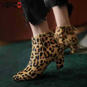 

VERCONAS New Woman Ankle Boots Autumn Winter Fashion Sexy Leopard Back Zipper Boots Pointed Toe Office Lady Party Boots Woman